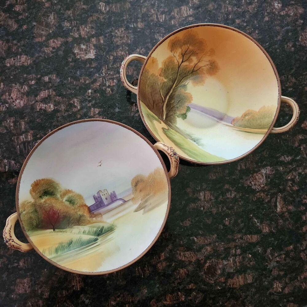 Pair Antique Nippon Morimura Castle Landscape Bowl and Pedestal Compote Dishes